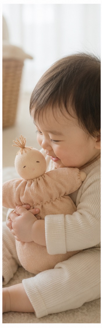 人形を抱きしめる赤ちゃん